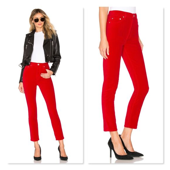 Re/Done Original Women 26 Red Velvet High Rise Ankle Crop Jeans Pants Button Fly - Picture 1 of 16